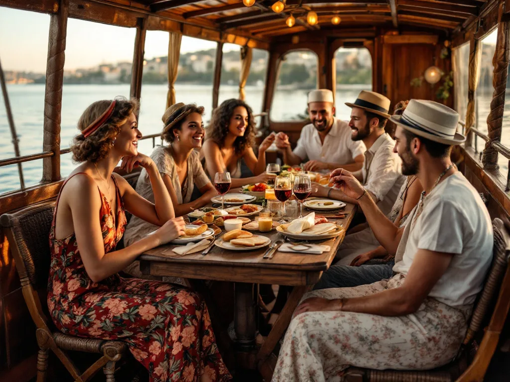 Friends enjoying dinner on a boat at sunset.