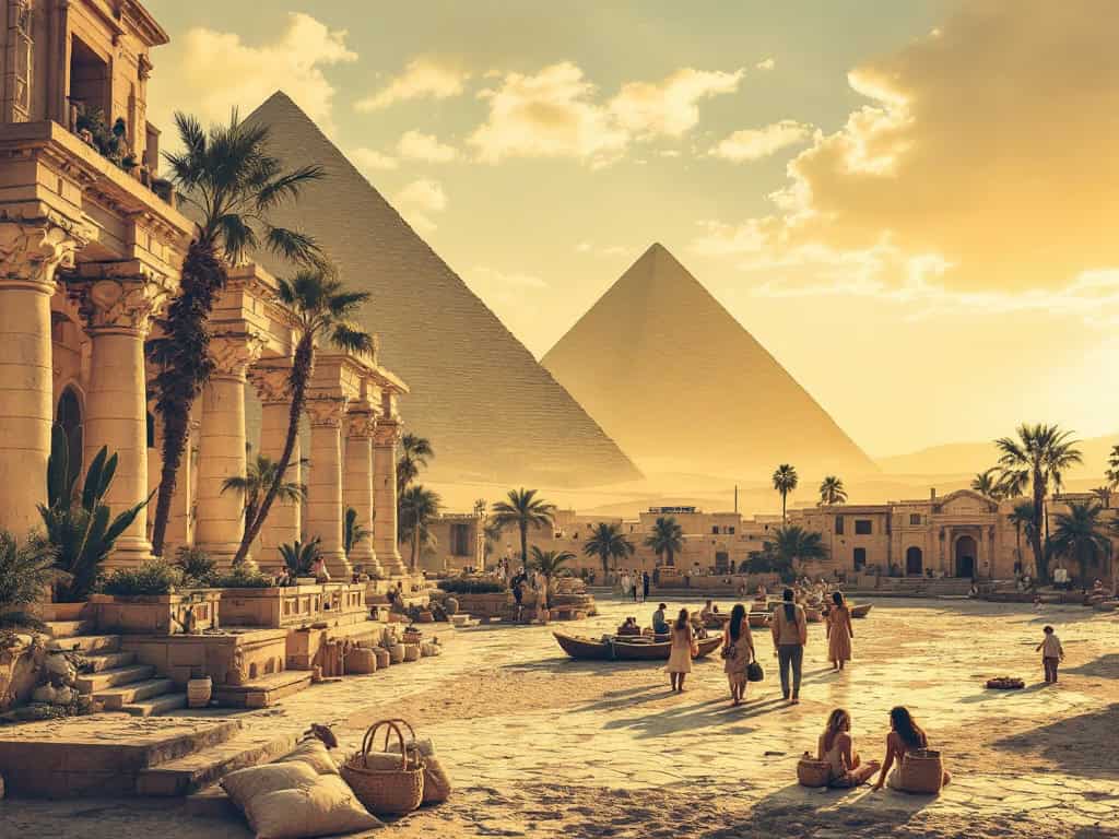 Tourists enjoying views of the pyramids at sunset.