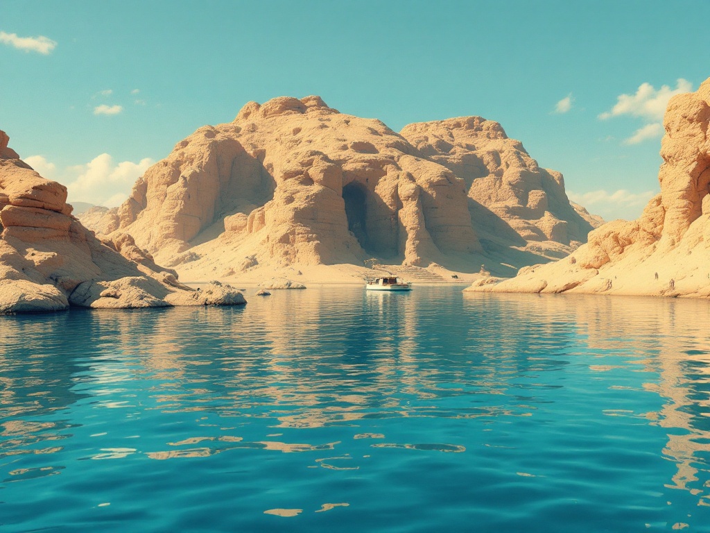 Boat on serene water near rocky mountains.