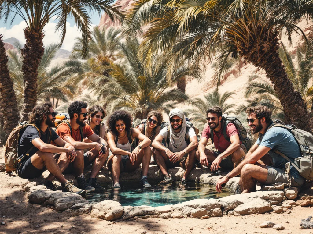 Group of friends enjoying nature by a water pool