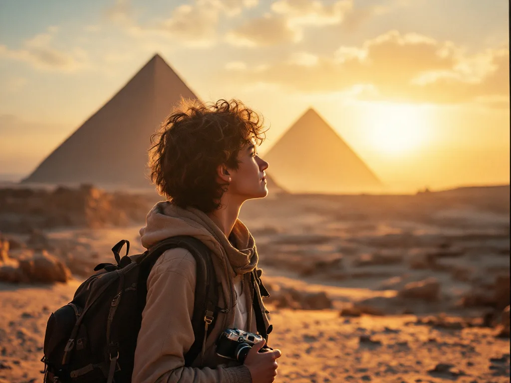 Person gazing at pyramids during sunset