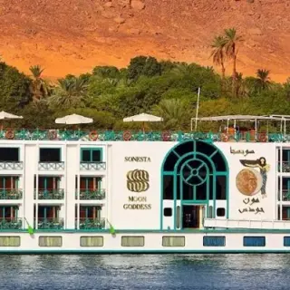Luxury cruise ship on a serene river landscape.