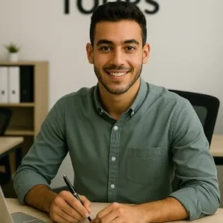 Smiling man at a desk with laptop and documents.